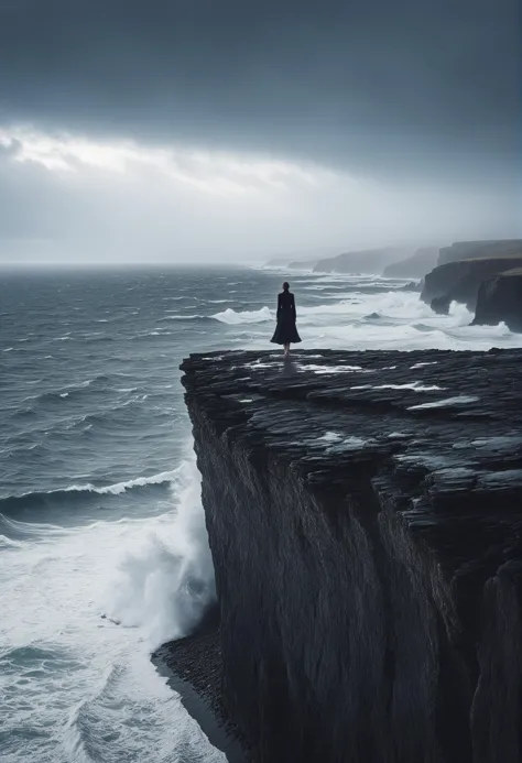 arafed view of a person standing on a cliff overlooking the ocean