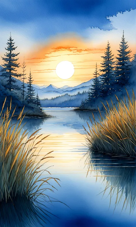 painting of a lake with a sunset and trees in the background