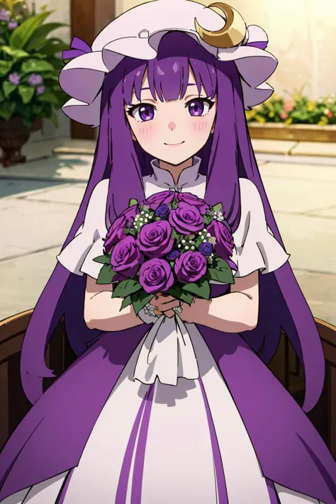 a woman in a purple dress holding a bouquet of flowers