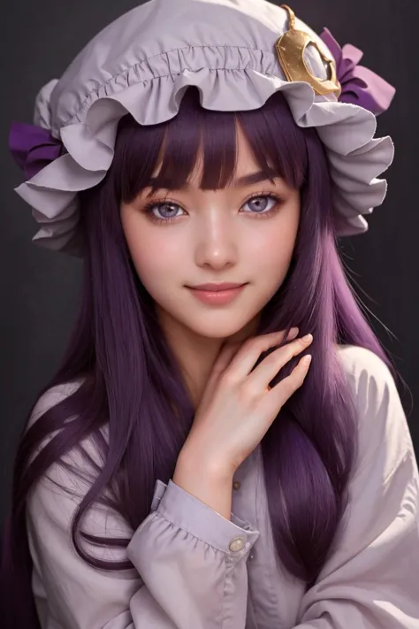 (masterpiece, best quality:1.2), solo, 1girl, 
patchouli_knowledge, smile, looking at viewer, 
1girl, solo, purple hair, purple ...