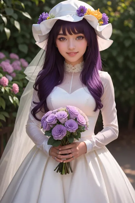 a close up of a woman in a wedding dress holding a bouquet