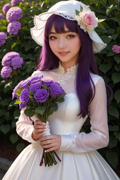 a close up of a woman in a wedding dress holding a bouquet of flowers