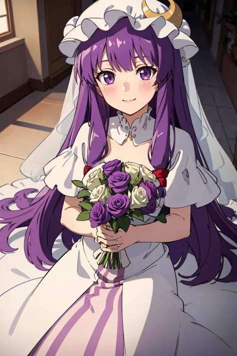 anime - style image of a bride in a wedding dress holding a bouquet