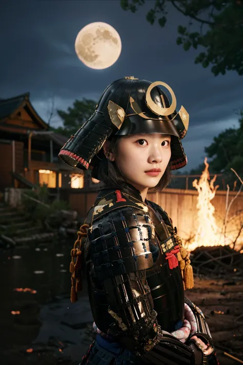 best quality, masterpieces,
young girl, face, (pov), half-length portrait,
samurai armor, samurai helmet, woven fabric,
dark theme, in front of devastated houses, ruins background, midnight, dark sky, moon, on fire,
detailed skin, matte skin, soft lighting, subsurface scattering, realistic,
heavy shadow, film photography, soft focus, 
 <lora:hina_samurai_armor_v14:0.7>