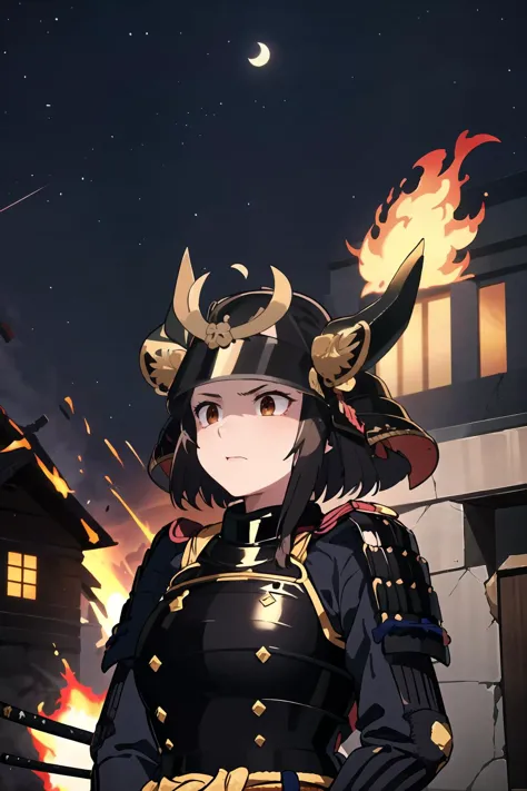 best quality, masterpieces,
1girl, half-length portrait,
samurai armor, black samurai, samurai helmet, huge gold and black horns...