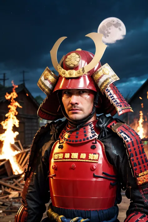 best quality, masterpieces,
a man, angry face, stare eyes, (pov), full-length portrait,
midnight, dark sky, moon, background on fire, dark theme, in front of devastated houses, ruins background, 
samurai armor, samurai helmet, golden symbol on helmet,
heavy shadow, film photography, soft focus, detailed skin, matte skin, soft lighting, subsurface scattering, realistic,
 <lora:hina_samurai_armor_v14:0.7>