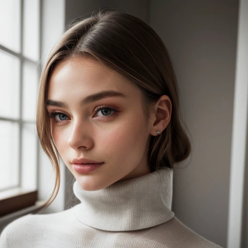 a woman wearing a turtle neck sweater and earrings