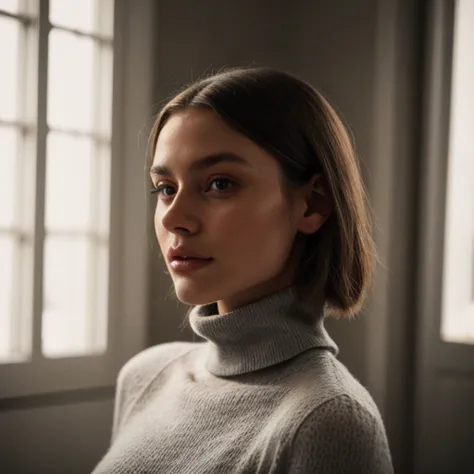 a woman in a turtle neck sweater looking at the camera