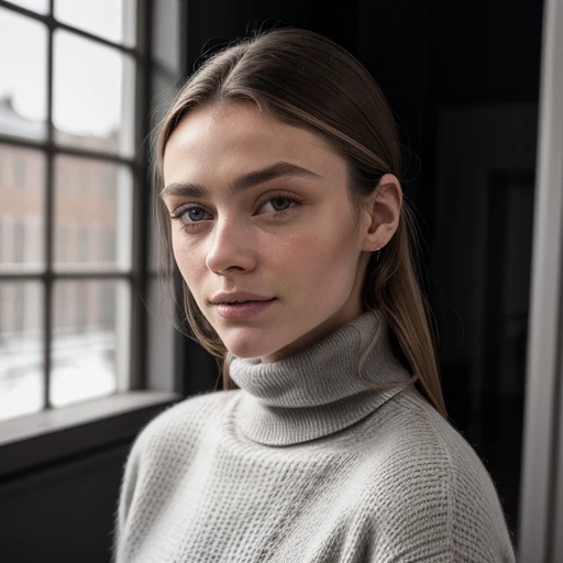 a woman in a turtle neck sweater looking at the camera