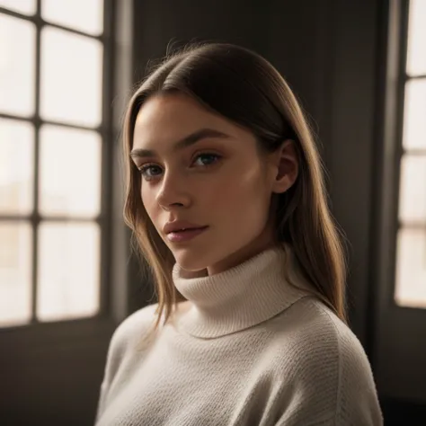 a woman in a white turtle neck sweater looking at the camera