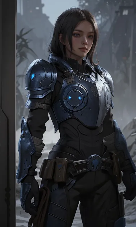 1girl, cogarmor2023, black armor, 8k uhd, best quality, masterpiece, glowing blue, detailed armor,