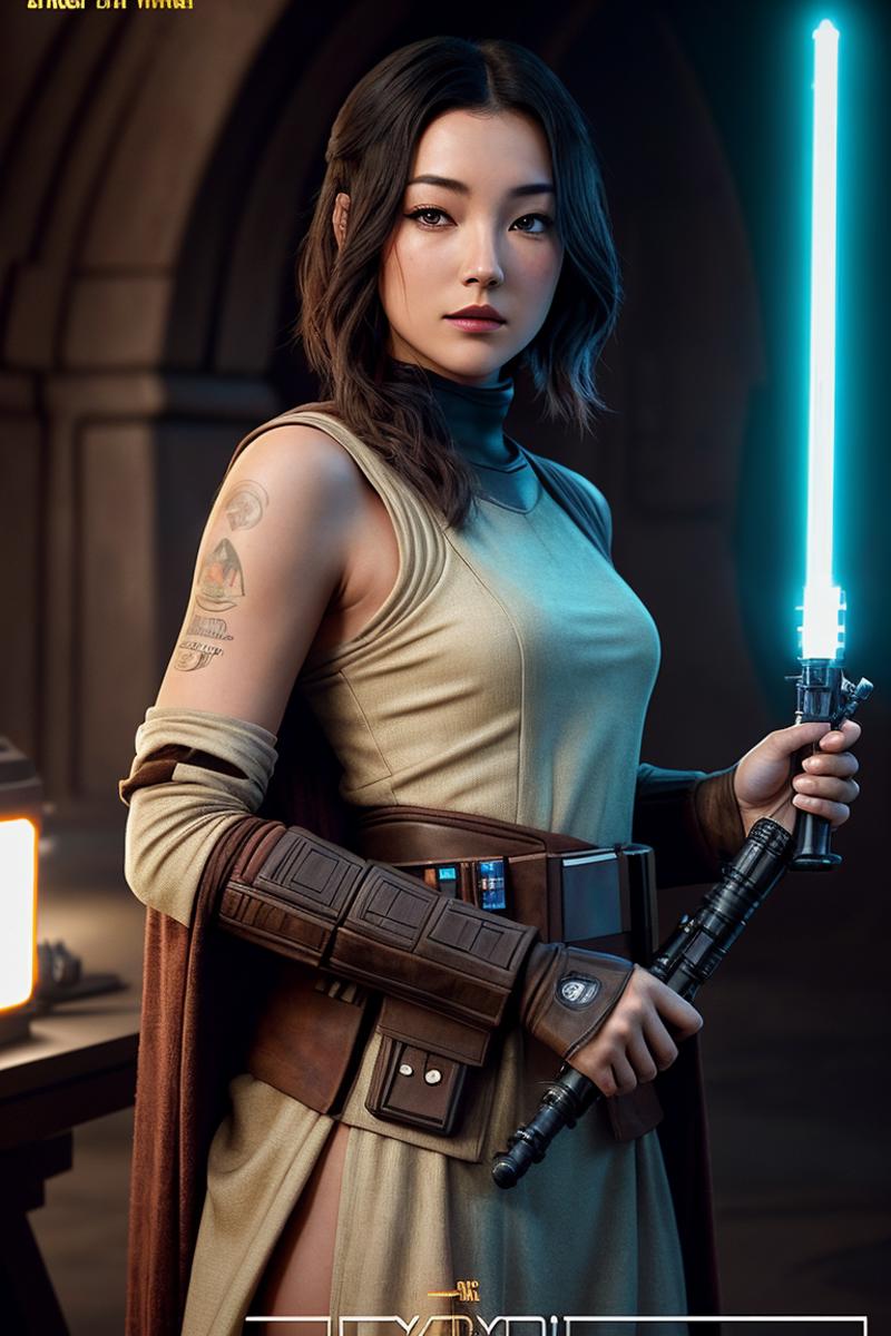 A woman in a star wars outfit holding a light saber - SeaArt AI