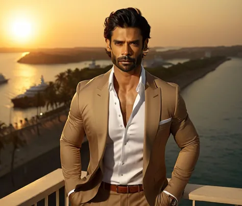 a man in a tan suit standing on a balcony next to the ocean