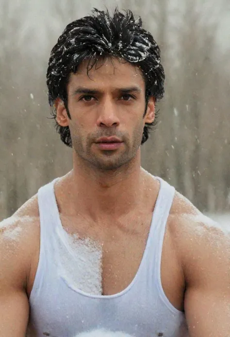 a close up of a man in a tank top holding a snow ball