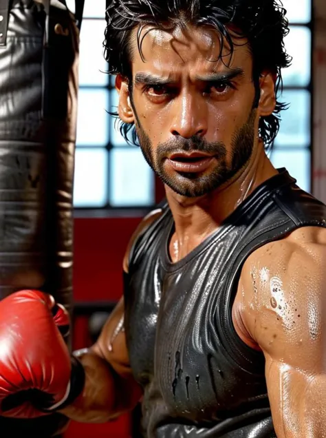 johnathon schaech a man <lora:gaurav-arora_Johnathon-Schaech:1> punching a boxing bag in a grungy gym. Sweating it out, wearing a tight wet vest showing ripped biceps. Side view, high detail, realistic, 8k, depth of field, sharp focus, intricate, smooth, masterpiece, photorealistic, professional photoshoot quality, highly detailed detailed face, realistic skin, ultra-realistic, uhd, full body in frame, <lora:add-detail-xl:1>