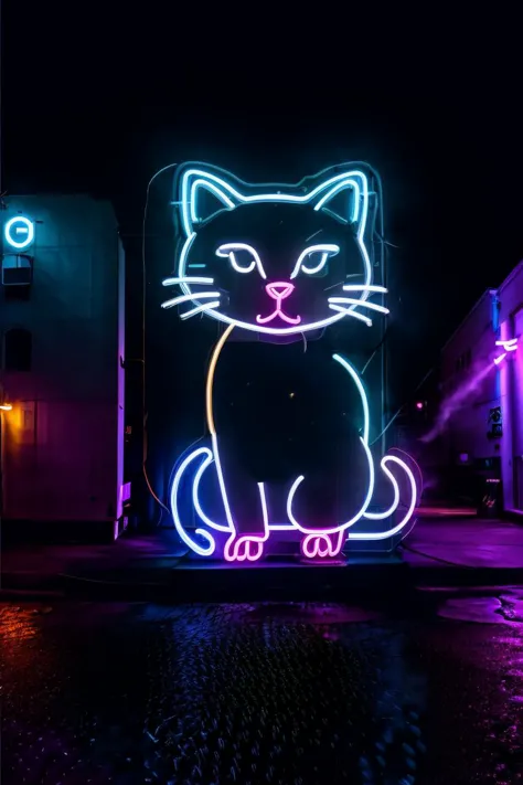 neon light in the shape of a cat, night time, side of building, best quality, (8k, ultra-detailed), contrast, moody lighting, fo...