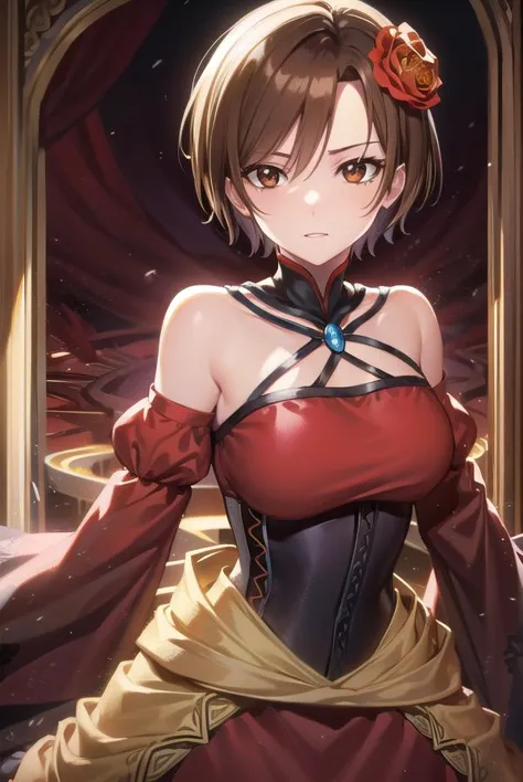 banicaconchita, <lora:banicaconchita-lora-nochekaiser:1>,
banica conchita, (brown eyes:1.5), brown hair, short hair,
BREAK bare shoulders, corset, detached sleeves, dress, flower, hair flower, hair ornament, red dress, red sleeves, rose,
BREAK cowboy shot, looking at viewer,
BREAK indoors,
BREAK <lyco:GoodHands-beta2:1>, (masterpiece:1.2), best quality, high resolution, unity 8k wallpaper, (illustration:0.8), (beautiful detailed eyes:1.6), extremely detailed face, perfect lighting, extremely detailed CG, (perfect hands, perfect anatomy),