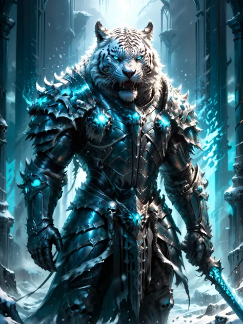 a white tiger in armor with a sword and a sword