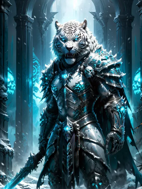 a white tiger in armor standing in a snowy area