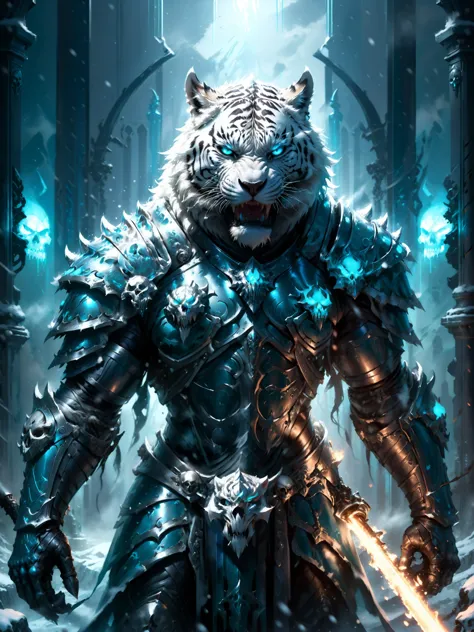 a white tiger in armor holding a sword in a snowy forest