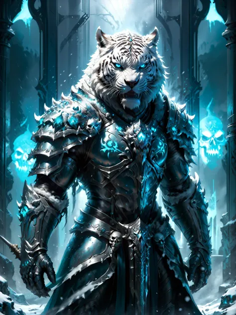 a white tiger in armor standing in front of a castle