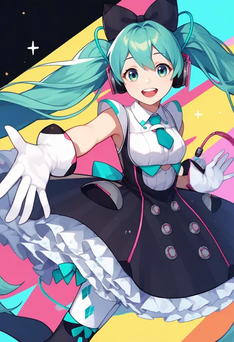 score_9, score_8_up, score_7_up, source_anime, solo, 1girl, magicalmiku2016, happy, looking at viewer, upper teeth, outstretched arm, reaching towards viewer, twintails, hair bow, black bow, headphones, white gloves, frills, black dress, sleeveless dress, white shirt, short necktie, aqua necktie, thighhighs, cable, bare shoulders, spotlight <lora:vocaloid_magicalmiraimiku2016_ponyXL:1>