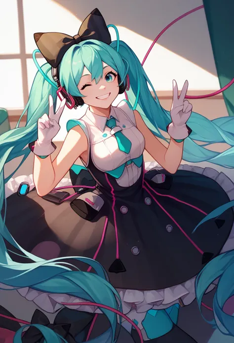 score_9, score_8_up, score_7_up, solo, 1girl, magicalmiku2016, grin, looking at viewer, peace sign, twintails, hair bow, black b...