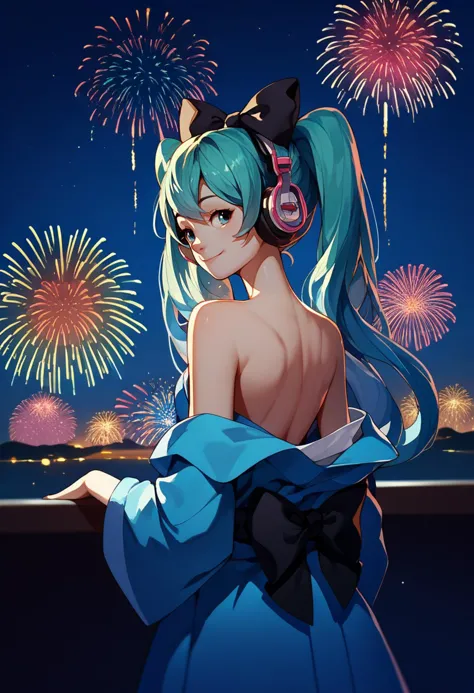 score_9, score_8_up, score_7_up, source_anime, from behind, solo, 1girl, magicalmiku2016, smile, looking back, twintails, hair bow, black bow, headphones, blue kimono, off shoulder, bare shoulders, fireworks <lora:vocaloid_magicalmiraimiku2016_ponyXL:1>