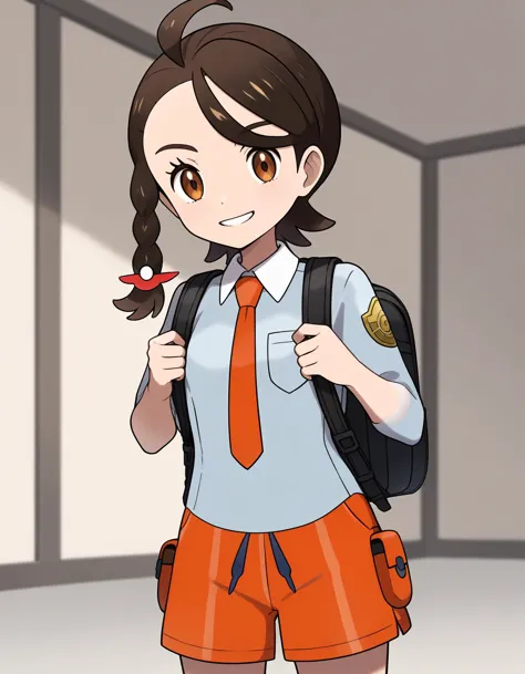 anime girl with a backpack and a red tie holding a red object