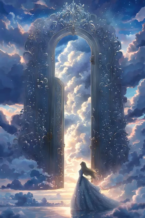 a woman in a white dress is walking through a doorway into the sky