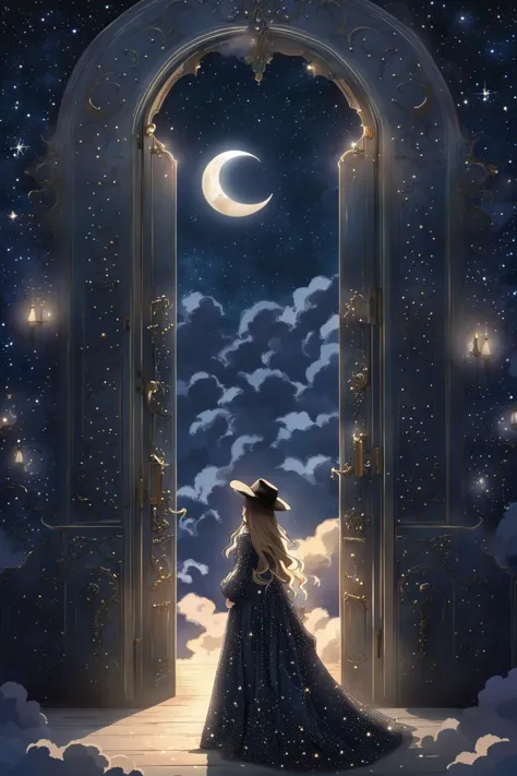 pearlygates, 1girl, solo, long hair, moon, night, hat, night sky, dress, wide sleeves, facing away, standing, long sleeves, full moon, jewelry