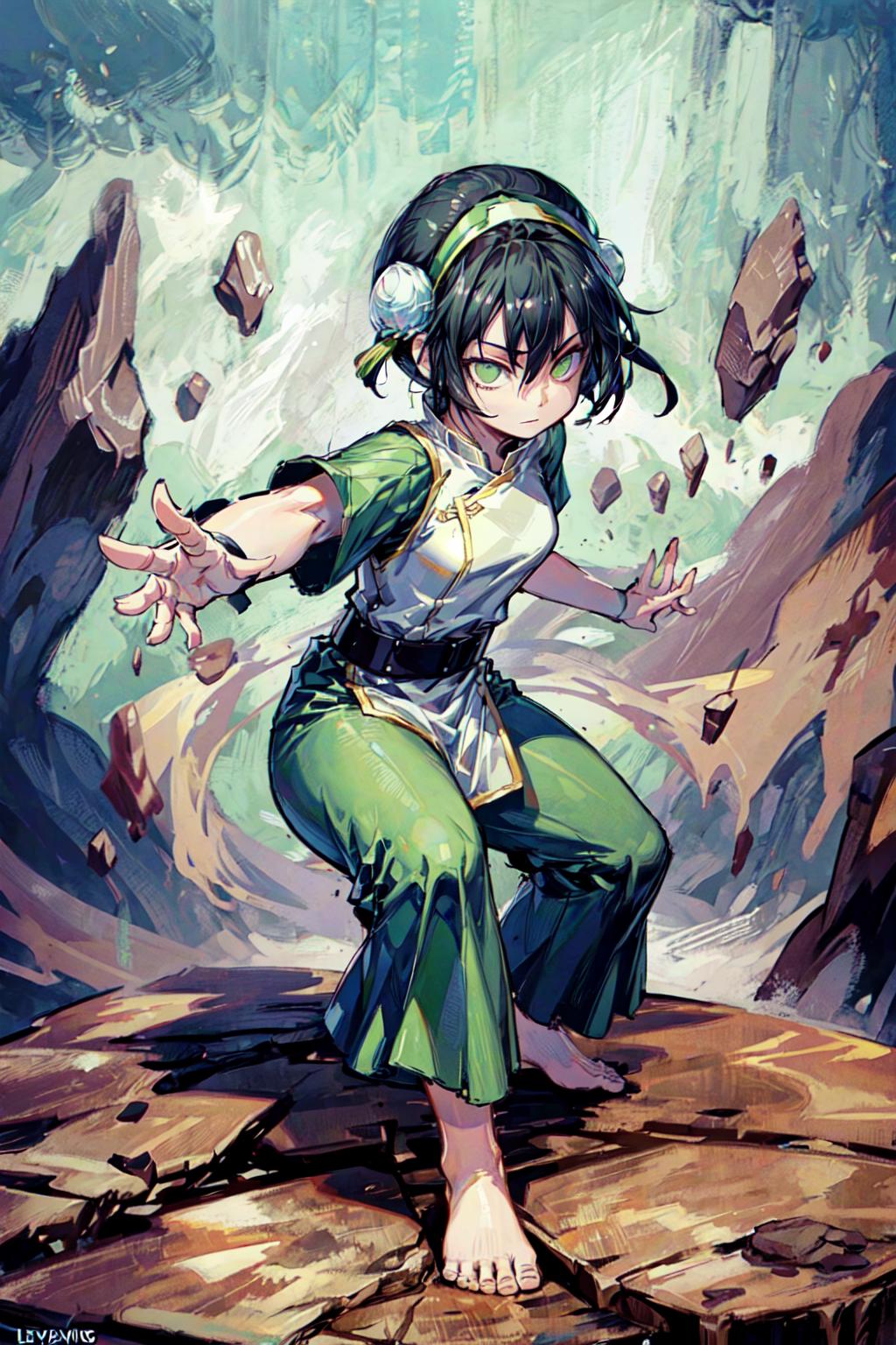 A close up of a woman in a green outfit with a sword - SeaArt AI