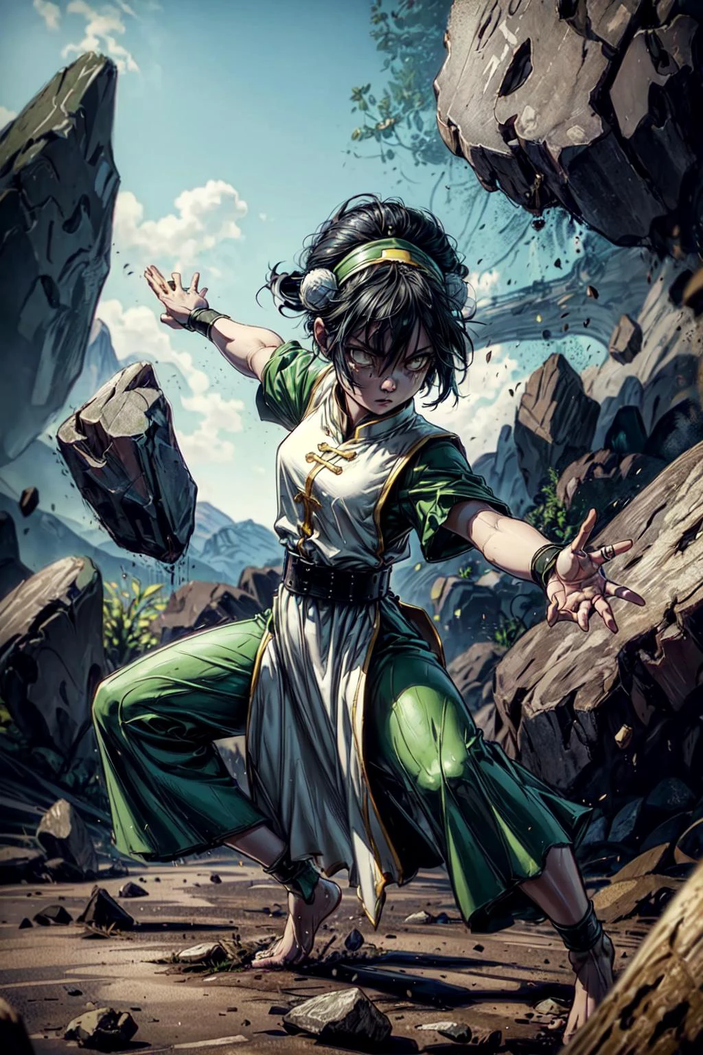 thick outlines, comics, photorealistic, 1girl, solo, fighting stance, white eyes, blind, black hair, short hair, green hairband, pants, belt, dress, hair bun, chinese clothes, hair bun, green dress, short sleeves, pelvic curtain, barefoot, rock, levitating rocks, outdoors, detailed background, detailed face, detailed eyes, 