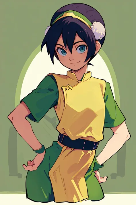 ((masterpiece,best quality)), 1girl, solo, black hair, hairband, belt, short hair, dress, blue eyes, hair bun, green hairband, blind, chinese clothes, hair bun, green dress, short sleeves, cowboy shot, pelvic curtain,smile, hand on hip, contrapposto