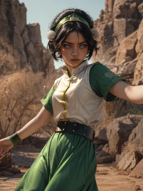 dynamic pose, element bending, earth bending
masterpiece, best quality, intricate detail, realistic, photorealistic, 4k, high contrast, real life,   1girl, solo, black hair, belt, short hair, blue eyes, hair bun, green hairband, blind, chinese clothes, green dress, short sleeves, pelvic curtain