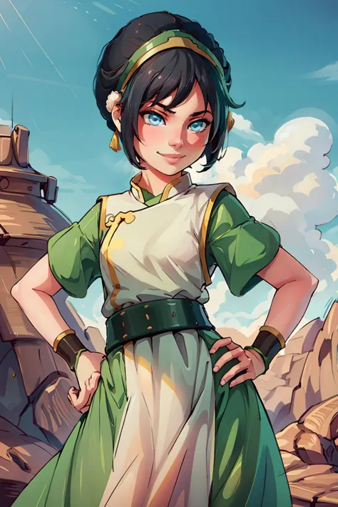 ((masterpiece,best quality)), <lora:toph_beifong_v1:0.75>, 1girl, solo, black hair, hairband, belt, short hair, dress, blue eyes...