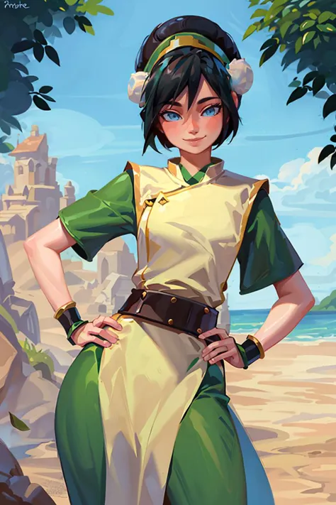 ((masterpiece,best quality)), 1girl, solo, black hair, hairband, belt, short hair, dress, blue eyes, hair bun, green hairband, blind, chinese clothes, hair bun, green dress, short sleeves, cowboy shot, pelvic curtain,smile, hand on hip, contrapposto