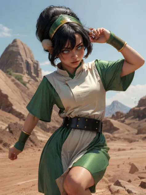 dynamic pose, element bending, earth bending
masterpiece, best quality, intricate detail, realistic, photorealistic, 4k, high contrast, real life,   1girl, solo, black hair, belt, short hair, blue eyes, hair bun, green hairband, blind, chinese clothes, green dress, short sleeves, pelvic curtain