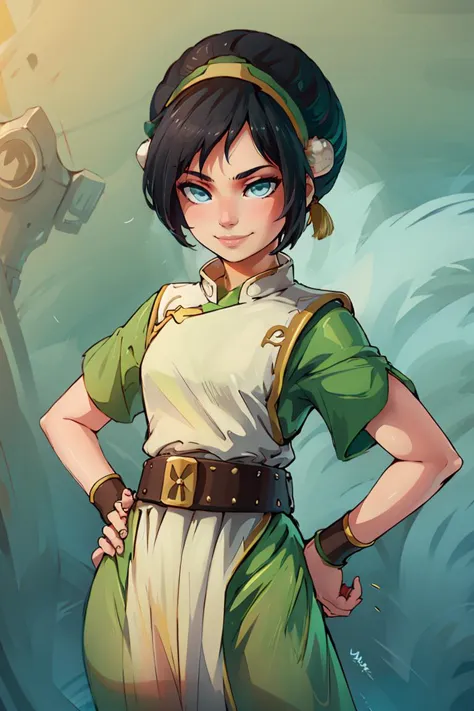 ((masterpiece,best quality)), <lora:toph_beifong_v1:0.75>, 1girl, solo, black hair, hairband, belt, short hair, dress, blue eyes...