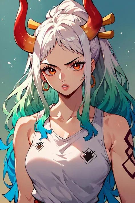 a close up of a woman with horns and a white shirt