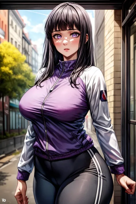 best quality, masterpiece, 1girl, (solo:1.1), raytracing, ultra detailed,detailed face, 8k wallpaper, (medium breasts, wide hips:1.2), <lora:more_details:1>, HinataHyuugaNDV, 1girl, black hair, medium hair, purple eyes, large breasts, white eyes, fishnets,  <lora:HinataHyuugaNDV:0.7>, sports jacket, pants, outdoor