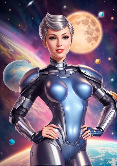 a woman in a futuristic suit standing in front of a planet