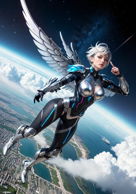 a woman in a futuristic suit flying through the air