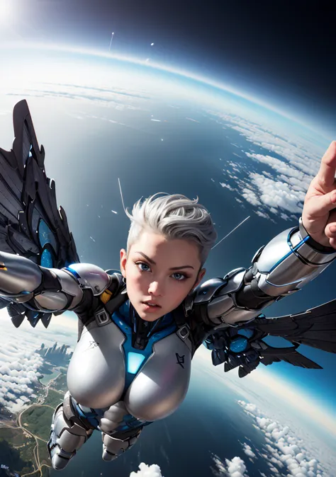 arafed female in a futuristic suit flying over the earth