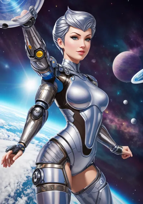 a woman in a futuristic suit holding a ball in her hand