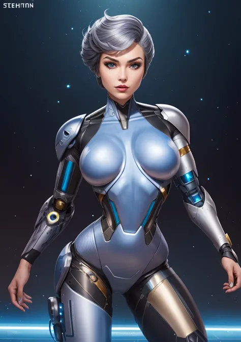 a woman in a futuristic suit with a gun and a helmet