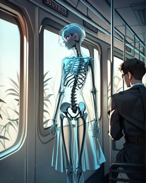 anime scene of a woman in a dress and skeleton standing on a train