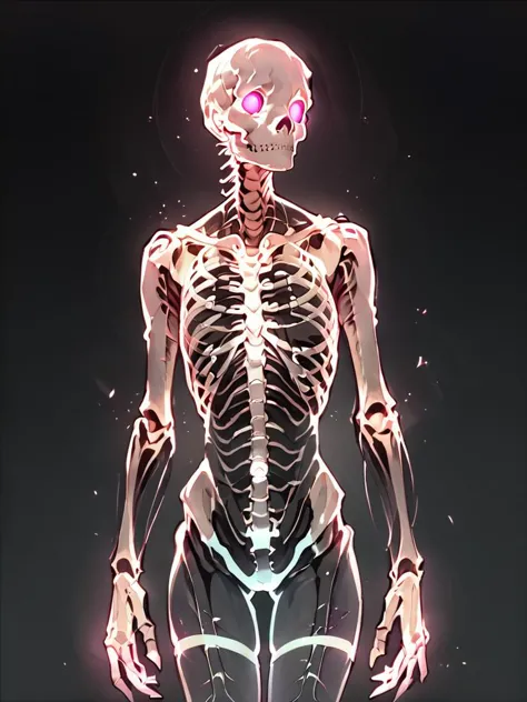 a close up of a skeleton with glowing eyes and a glowing body