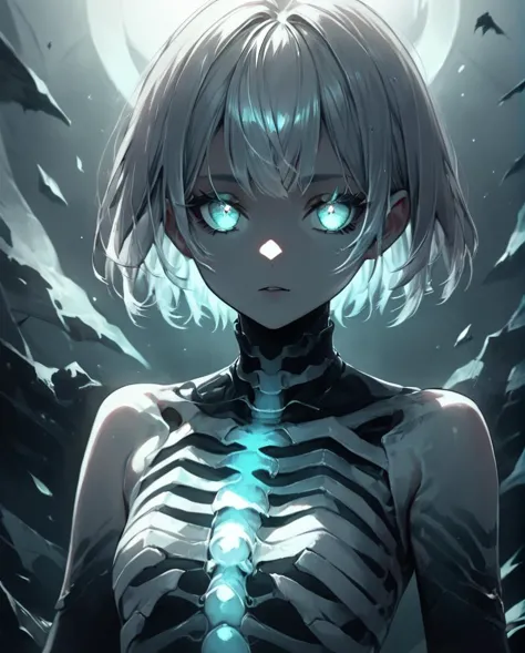 a woman with a skeleton body and blue eyes stands in front of a full moon