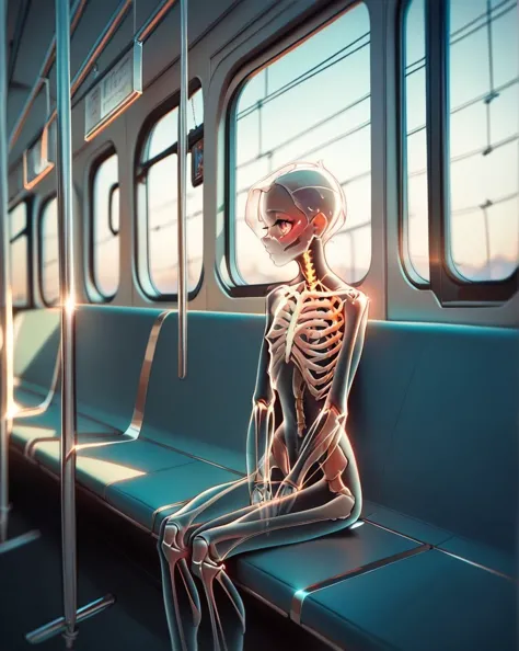 arafed skeleton sitting on a train seat with a view of the city